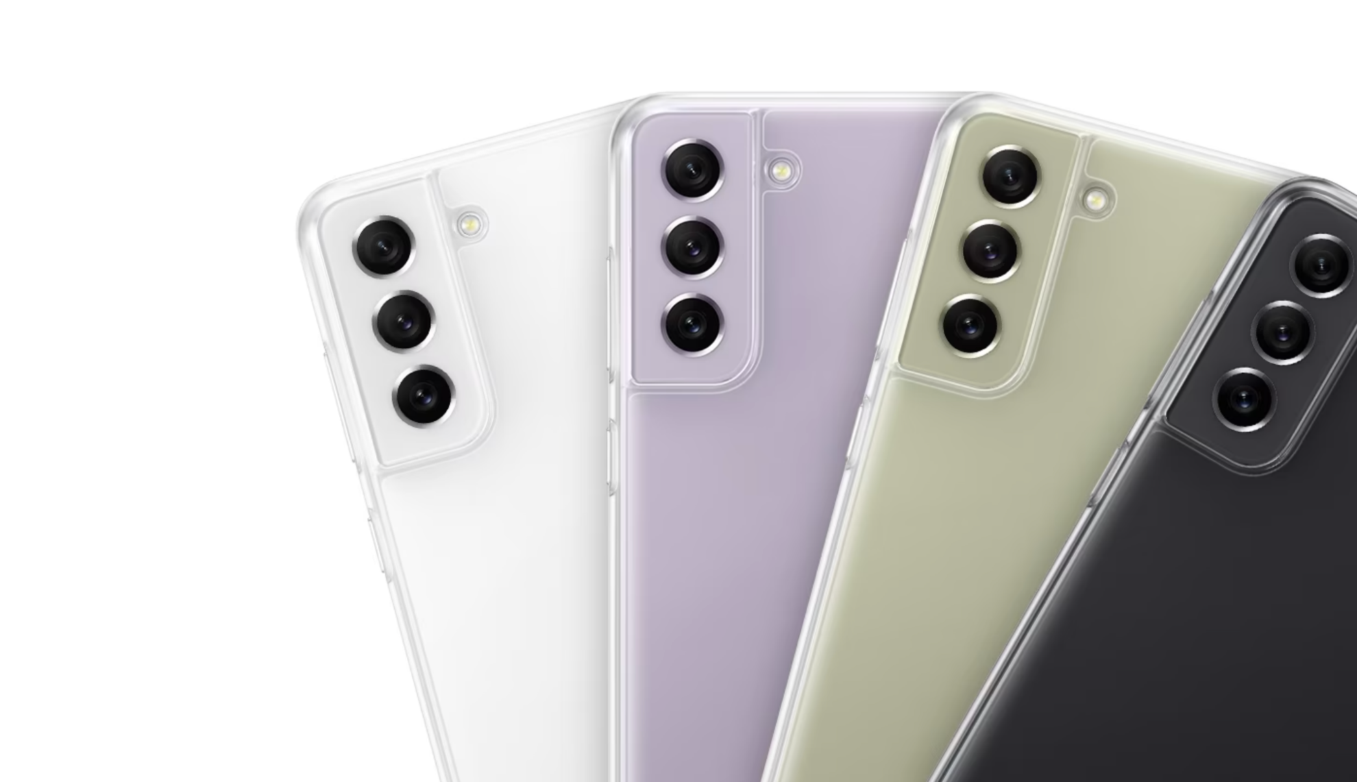 Bốn điện thoại Galaxy S21 FE 5G, tất cả đều được nhìn từ phía sau với Clear Cover được cài đặt để hiển thị vật liệu trong suốt giúp hiển thị màu sắc của điện thoại.